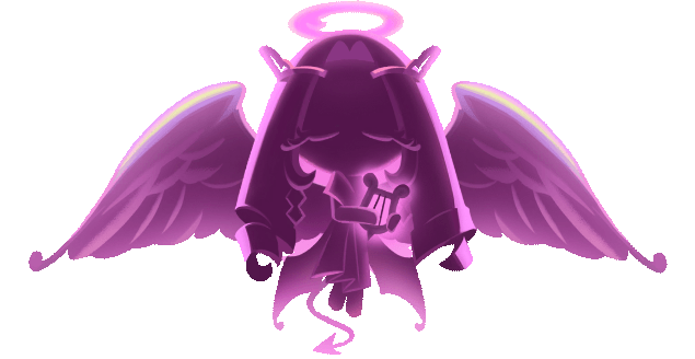 a silhouette of eternal sugar from cookie run. it is shaded with dull pink monochrome. he has long curly hair, large angel wings, a halo, small bat wings, and a pointed tail. he is holding a lyre.