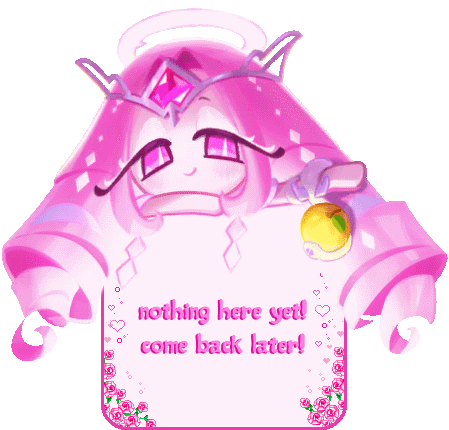 eternal sugar from cookie run. he is a light pink skinned cookie with curly, hot pink hair. he is holding a white snake, wrapped around a yellow fruit. he is leaning on a sign that says "nothing here yet! come back later!"